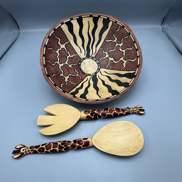 Decorative Hand Carved Painted Wood Giraffe Salad Servers & Giraffe Design Bowl - Picture 1 of 16
